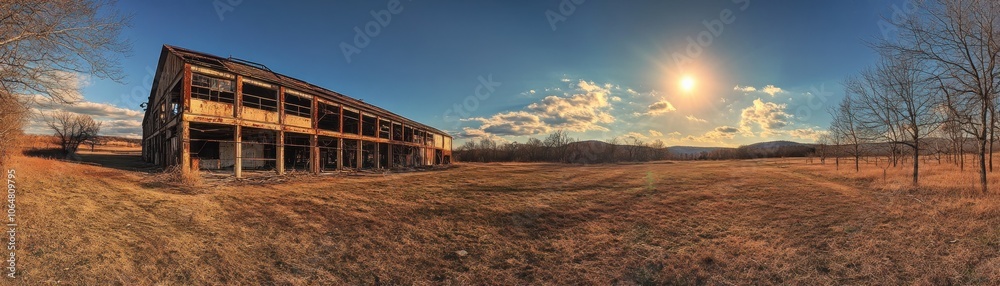 Obraz premium A panoramic view of a rustic barn under a vibrant sky at sunset.