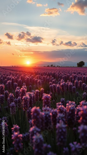 A field of purple flowers glows in the golden light of the setting sun