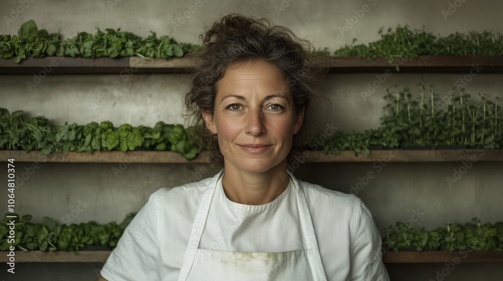 A woman is smiling and standing in front of a shelf full of plants A woman is smiling and standing in front of a shelf full of plants