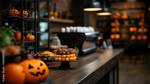 A festive display of Halloween treats and decorations in a cozy cafe setting.