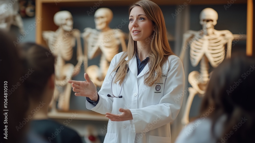 Instructor Teaching Anatomy to Students in Classroom. Knowledgeable instructor in a lab coat teaches anatomy to students in a classroom, explaining human skeletal structure and medical concepts.