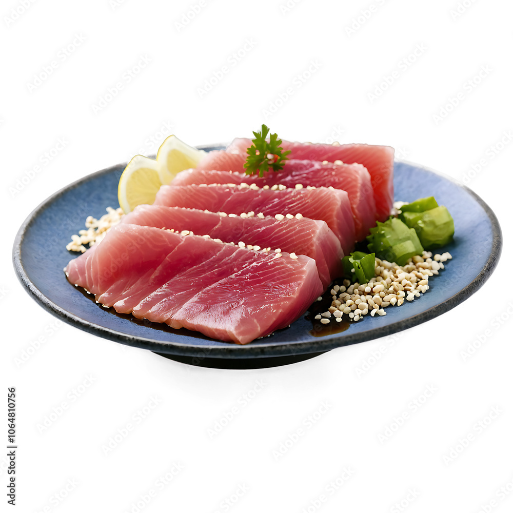 Delicious Sashimi Plate Featuring Fresh Raw Tuna Topped with Sesame Seeds and Accompanied by Soy Sauce for Culinary Delights Delicious Sashimi Plate Featuring Fresh Raw Tuna Topped with Sesame Seeds and Accompanied by Soy Sauce for Culinary Delights