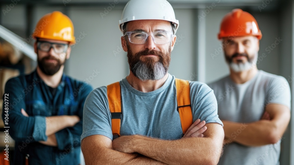 Three construction workers pose together in safety helmets, demonstrating camaraderie and professionalism while overseeing the project at an industrial site during the morning Three construction workers pose together in safety helmets, demonstrating camaraderie and professionalism while overseeing the project at an industrial site during the morning