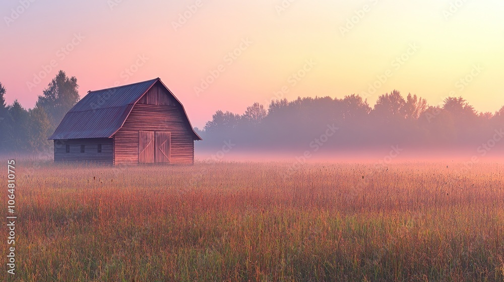 A serene barn in a misty field during sunrise, evoking tranquility and rural charm. A serene barn in a misty field during sunrise, evoking tranquility and rural charm.
