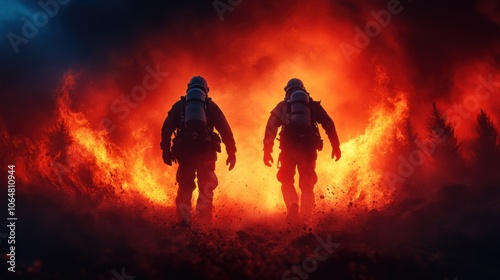 Two firefighters bravely move toward a fierce wildfire as flames erupt around them, casting an orange glow against the darkening sky during twilight hours