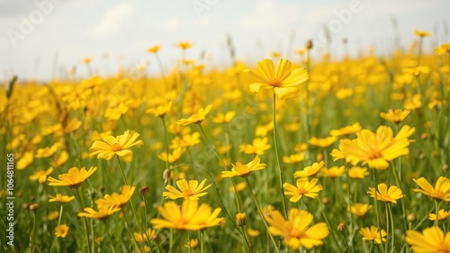 Field of golden cosmos flowers with a slight breeze, causing the delicate petals to sway gently, natural beauty, wildflowers