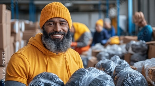 A man wearing an orange hoodie and yellow beanie smiles while packing goods in a busy warehouse. Team members work efficiently in the background among boxes and supplies photo