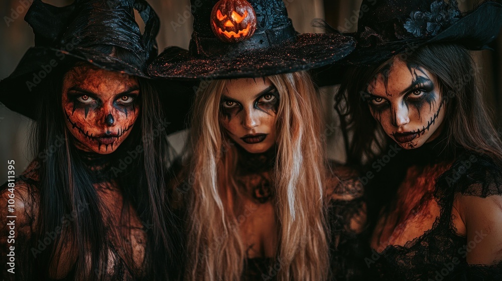 Obraz premium Group of friends dressed as witches and monsters celebrating at a Halloween party, joy and creativity of the holiday
