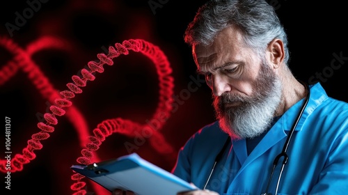 A focused healthcare professional in a blue medical coat examines patient charts, surrounded by digital DNA helix patterns. The environment suggests advanced medical research and analysis photo