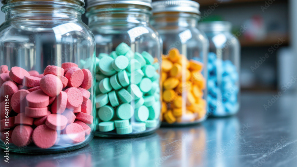 A collection of colorful capsules in glass jars. A collection of colorful capsules in glass jars.