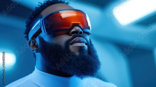 A man with a beard dons advanced virtual reality goggles, fully immersed in an engaging digital experience within a futuristic space illuminated by blue lights photo