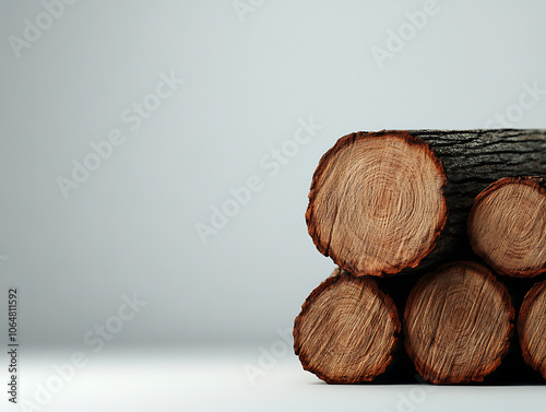 Stacked wooden logs on a plain background, showcasing natural textures. photo