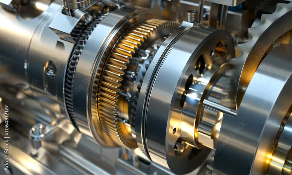 Close-up of a complex metallic gear mechanism showcasing precision engineering. Close-up of a complex metallic gear mechanism showcasing precision engineering.