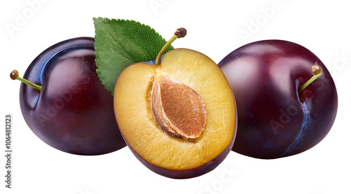 plums with leaves isolated