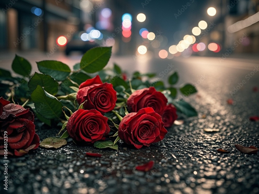 closeup of discarded red roses on wet asphalt road with colorful unfocused lights on a background, night view