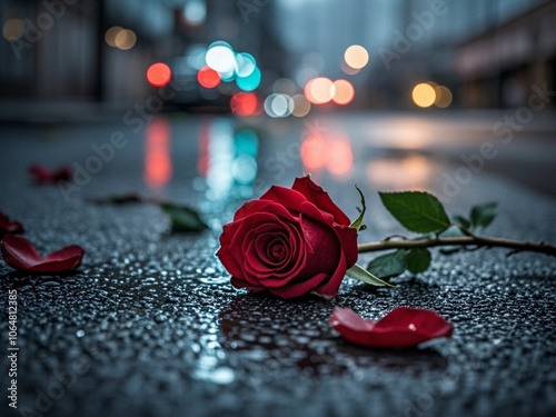 closeup of discarded red roses on wet asphalt road with colorful unfocused lights on a background, night view