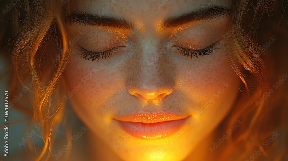 A close-up of a personâ€™s face, eyes closed, with a calm and serene expression, their face softly illuminated by candlelight.