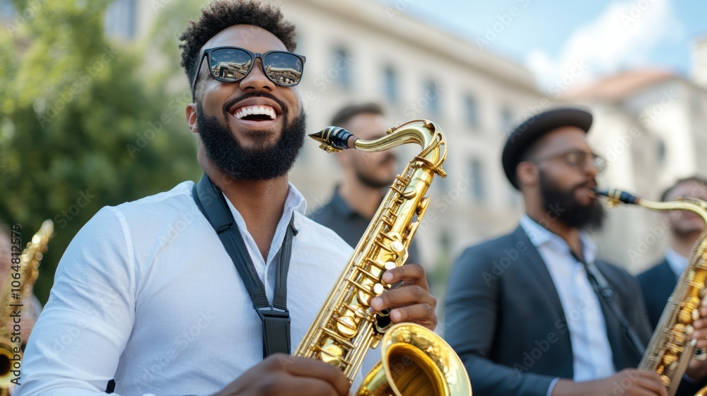Fototapeta premium The saxophonist smiles broadly as he plays his instrument in a vibrant outdoor setting. Surrounded by fellow musicians, the group fills the air with lively melodies under a clear blue sky