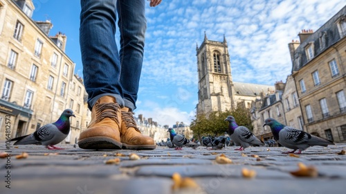 In a picturesque European town, a person wearing brown boots stands amidst several pigeons pecking at the ground, with historic buildings and a church visible in the background photo