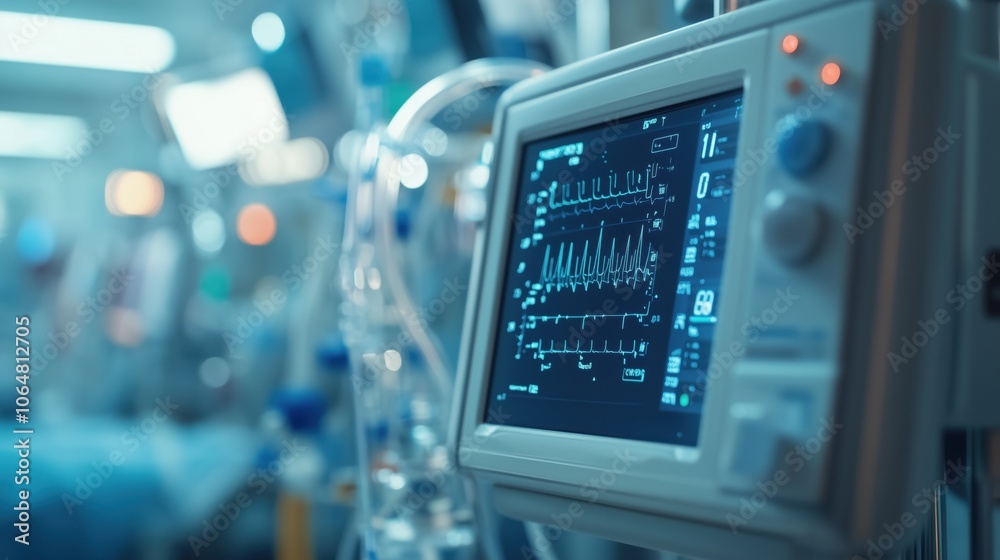 Heart Rate Monitor in Hospital ICU. ICU heart rate monitor showing patient vitals, essential for critical care monitoring in a hospital environment.