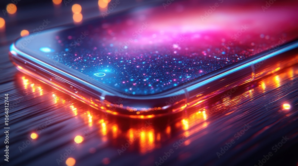 A close-up of a sleek smartphone with a glowing display, showcasing futuristic technology and user interface features. A close-up of a sleek smartphone with a glowing display, showcasing futuristic technology and user interface features.