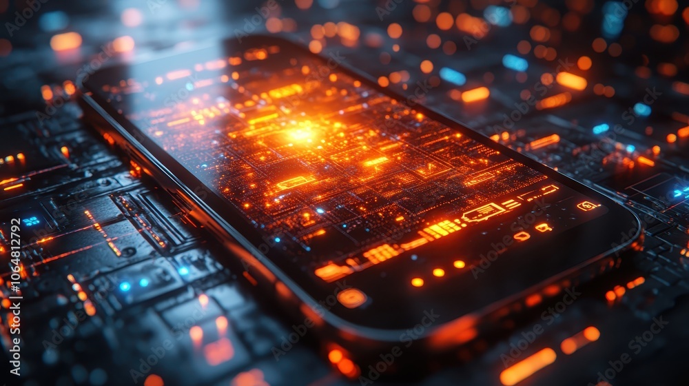 A close-up of a sleek smartphone with a glowing display, showcasing futuristic technology and user interface features. A close-up of a sleek smartphone with a glowing display, showcasing futuristic technology and user interface features.