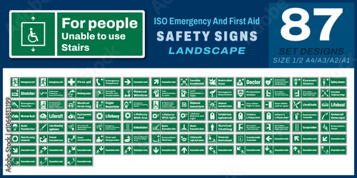 87 set iso emergency and first aid safety signs v69_for people unable to use stairs_landscape size 1/2 a4,a3,a2,a1
