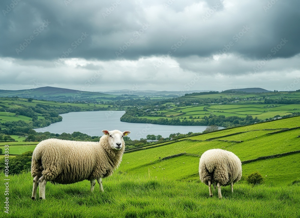 Two sheep graze in a lush green field overlooking a lake and rolling hills. Two sheep graze in a lush green field overlooking a lake and rolling hills.