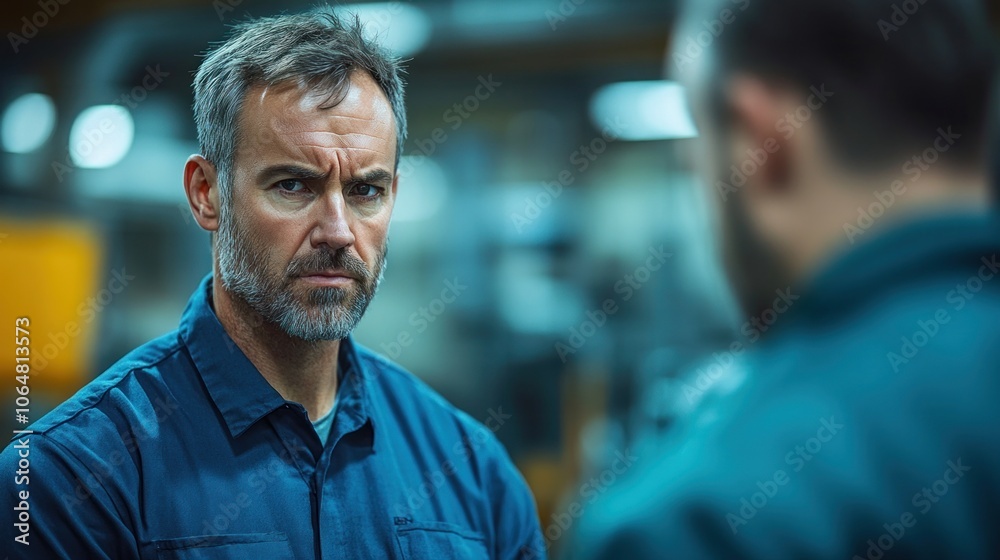 A man with gray hair and a concerned expression addresses another individual in a workshop filled with machinery. The atmosphere is charged, indicating a significant discussion A man with gray hair and a concerned expression addresses another individual in a workshop filled with machinery. The atmosphere is charged, indicating a significant discussion