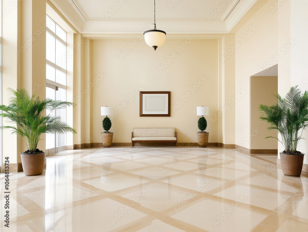 Elegant lobby featuring a stunning marble floor and stylish seating arrangements for a luxurious ambiance. Elegant lobby featuring a stunning marble floor and stylish seating arrangements for a luxurious ambiance.