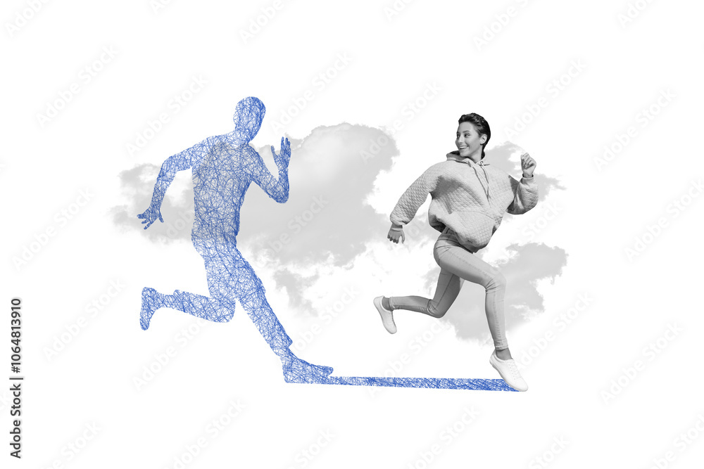 Fototapeta premium Collage portrait of cheerful black white effect girl running look behind painted shadow isolated on paper creative background