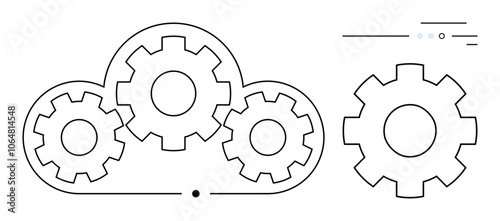 Interlocking gears within cloud shape. Separate gear icon to the side with dashed lines. Ideal for cloud computing, technology, automation, engineering, data management, business solutions, digital