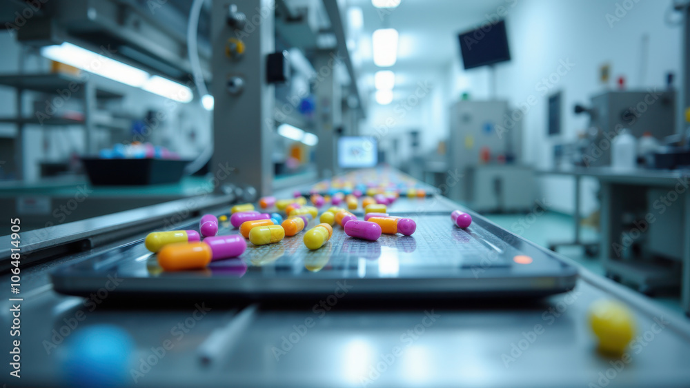 A production line in a factory filled with colorful candy. A production line in a factory filled with colorful candy.