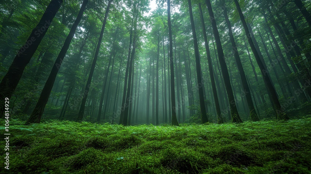 Fototapeta premium A thick rainforest scene with towering trees, vibrant greenery, and a mist that creates a mysterious, untouched atmosphere.