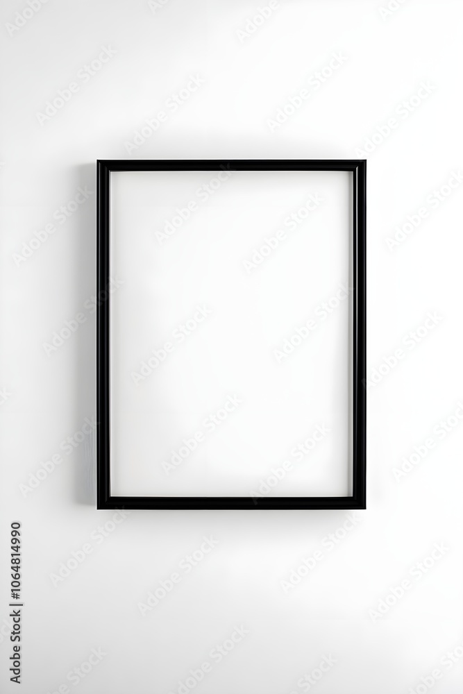 Blank picture frame mockup on white wall. Template for painting or poster. White living room interior design. View of modern rustic style interior with artwork mock-up