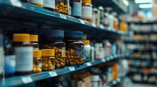 Wallpaper Mural Pharmacy Shelf with Medicine Bottles. Close-up of a pharmacy shelf filled with medicine bottles containing various tablets and capsules, organized by type and label. Torontodigital.ca