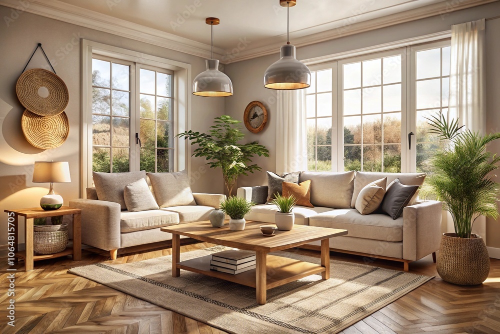 Fototapeta premium Cozy modern living room, large windows with countryside view, beige sofas, wooden coffee table, pendant lights, potted plants, woven baskets on wall, area rug, warm sunlight, neutral color palette, ai