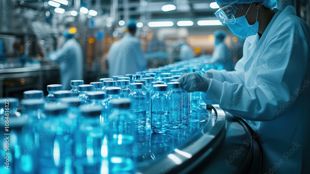 Worker Inspecting Vials on Pharmaceutical Line. Pharmaceutical worker examines glass vials filled with liquid on a production line in a sterile factory setting, ensuring quality control. Worker Inspecting Vials on Pharmaceutical Line. Pharmaceutical worker examines glass vials filled with liquid on a production line in a sterile factory setting, ensuring quality control.