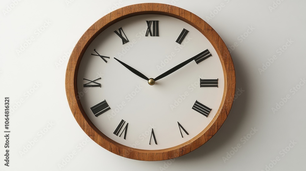 Clock with roman numerals on a white wall with a wooden frame Clock with roman numerals on a white wall with a wooden frame