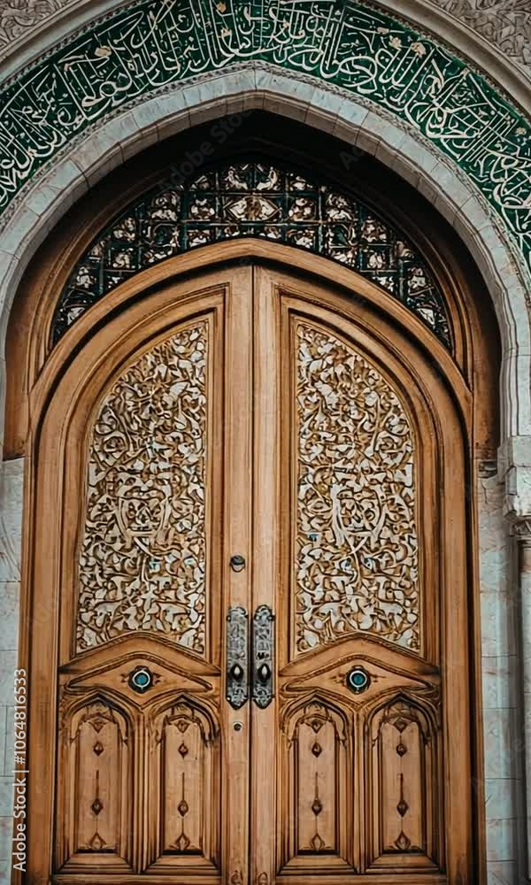 Ornate wooden doors with intricate carvings and decorative archway.