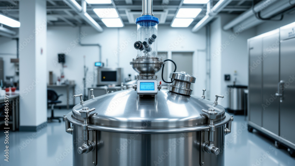 Large stainless steel industrial mixing vat with gauges and monitors on top. Large stainless steel industrial mixing vat with gauges and monitors on top.