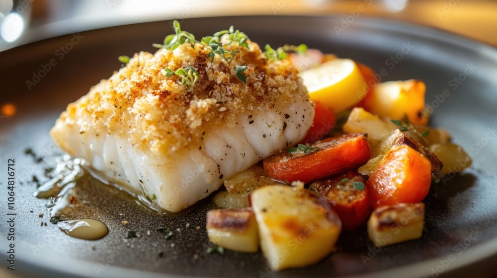 A hearty plate of baked cod topped with a crispy breadcrumb A hearty plate of baked cod topped with a crispy breadcrumb