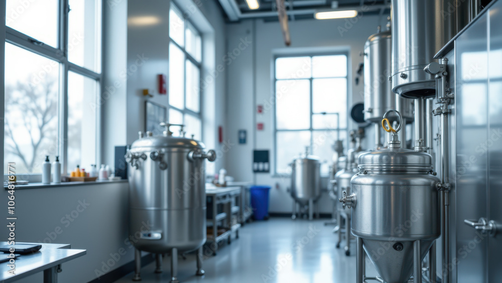 Industrial metal tanks in a manufacturing plant. Industrial metal tanks in a manufacturing plant.