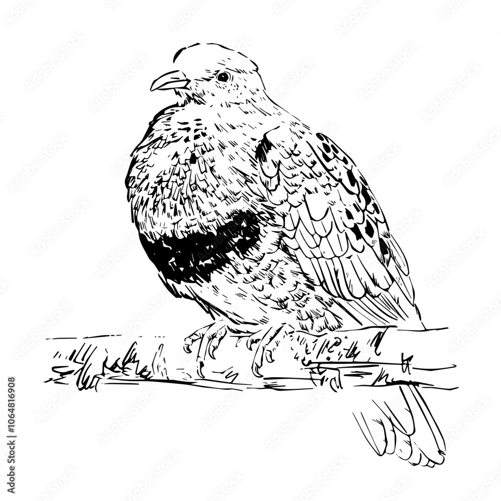 Obraz premium Vector. Bird on a branch. Superb Fruit Dove. Outline drawing of a wild bird