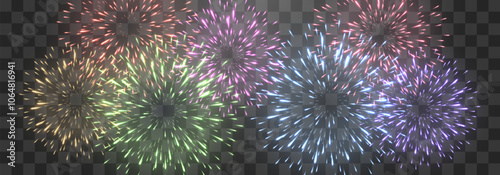 Vector festive fireworks isolated on png. New Year's Eve fireworks with brightly shining sparks. Realistic sparks and explosions. Colorful pyrotechnics show. Vector isolated on png background
