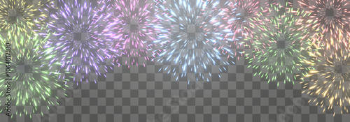 Vector festive fireworks isolated on png. New Year's Eve fireworks with brightly shining sparks. Realistic sparks and explosions. Colorful pyrotechnics show. Vector isolated on png background