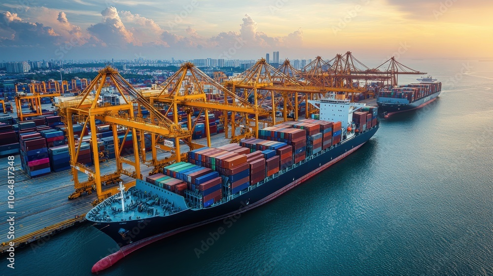 Aerial View of Busy Container Port with Cargo Ships and Cranes at Sunset in Urban Industrial Harbor Aerial View of Busy Container Port with Cargo Ships and Cranes at Sunset in Urban Industrial Harbor