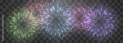 Vector festive fireworks isolated on png. New Year's Eve fireworks with brightly shining sparks. Realistic sparks and explosions. Colorful pyrotechnics show. Vector isolated on png background