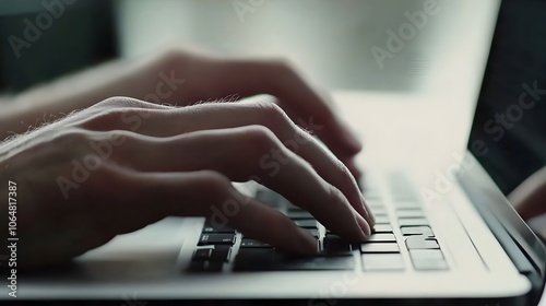 Close-up of hands typing on a laptop keyboard, showing productivity and focus with a simple, clean office background.