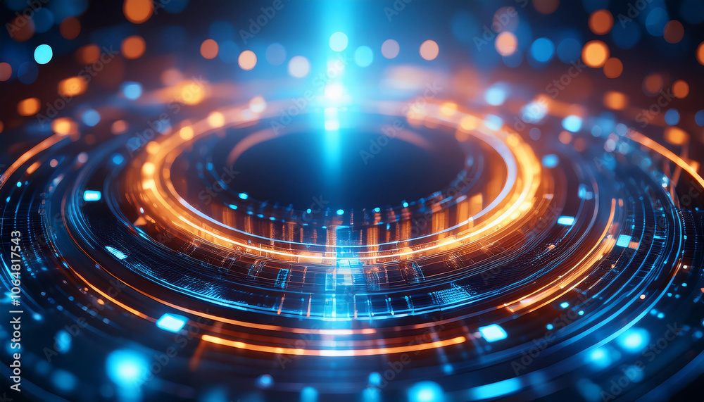 Illuminated digital scene with floating circles in blue and orange shades. Dynamic background. Illuminated digital scene with floating circles in blue and orange shades. Dynamic background.